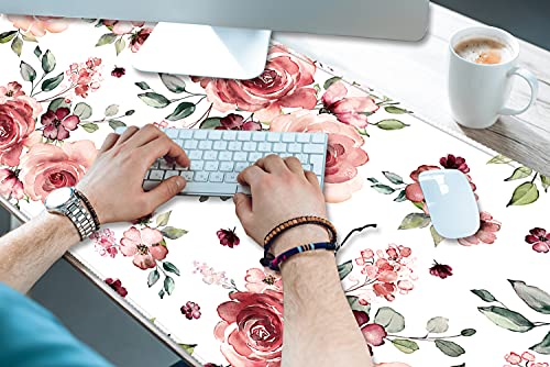Extended Desk Mat (31.5x11.8 inch 3mm Thick), iDonzon Soft Cute Extra Large XXL Waterproof Gaming Mouse Pad with Non-Slip Rubber Base & Stitched Edges, for Working/Game, Peony Flowers - color: Pink