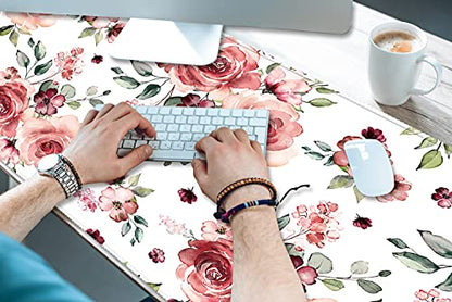 Extended Desk Mat (31.5x11.8 inch 3mm Thick), iDonzon Soft Cute Extra Large XXL Waterproof Gaming Mouse Pad with Non-Slip Rubber Base & Stitched Edges, for Working/Game, Peony Flowers - color: Pink