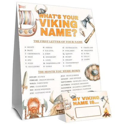 What's Your Viking Name Party Activity Cards, Viking Birthday Party Decor, Medieval Name Card Set with 1 Viking Name Sign and 30 Name Stickers, Party Table Decoration - style: Cow