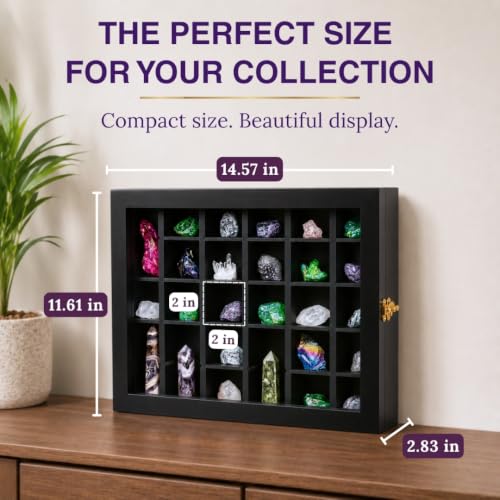 Premium Rock Display Case – Wooden Shadow Box with Shelves for Crystals, Seashell & Figurines – 30 Adjustable Compartments – Real Glass Door – Elegant Storage for Collectibles