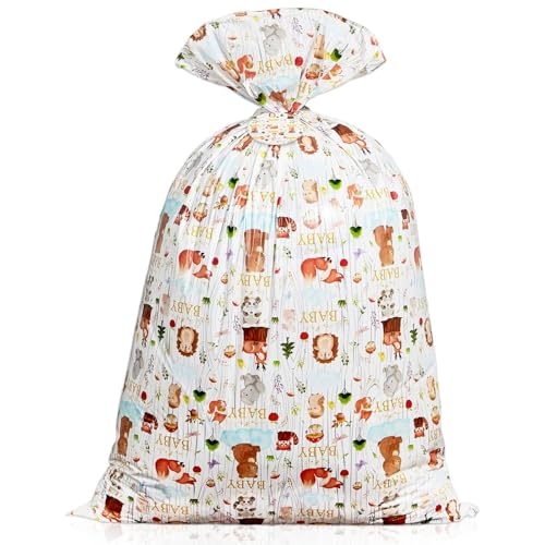 gisgfim 1Pcs Extra Large Woodland Baby Shower Plastic Gift Bags 37x56 Inch Jumbo Forest Animal Present Bag Big Gift Wrapping Tote with Tag and Tie Treat Candy Party Favor Birthday Party Supplies - style: Woodland