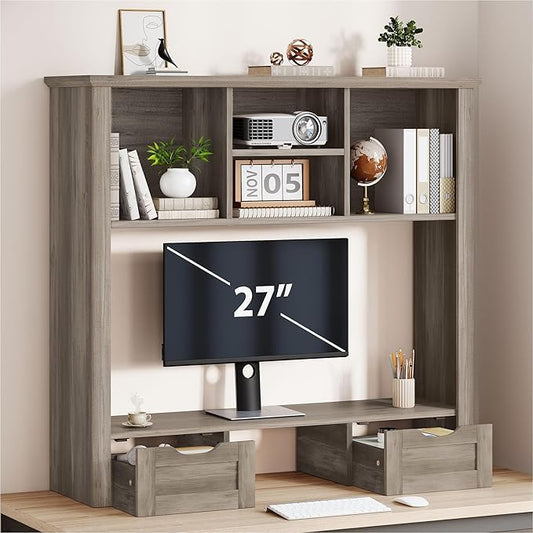 Desk Shelf with Computer Monitor Stand, 37.4''W Desktop Bookshelf Display Rack, Desktop Organizer Storage Rack with Cubbies & Drawers, 5-Tier Hutch for Home, Office, Dorm, Vanity, Grey - color: Grey, size: 37.4"W with Monitor Stand