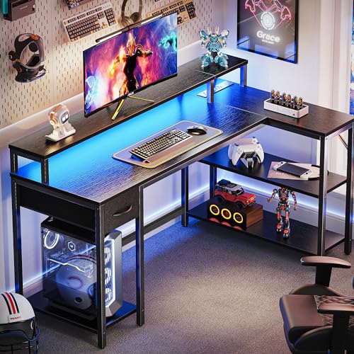 SUPERJARE 53 inch L Shaped Gaming Desk with LED Lights & Power Outlets, Reversible Computer Desk with Shelves & Monitor Stand, Corner Desk with Drawer, for Home & Office, Black - color: Black, size: 53 inch