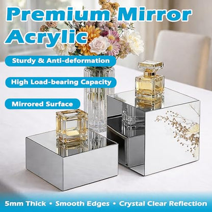 4Pcs Acrylic Risers Display Stands, Food Risers for Buffet Table, Acrylic Cube Mirror Risers for Catering Dessert, Jewelry Collectibles Party, Silver - color: Silver