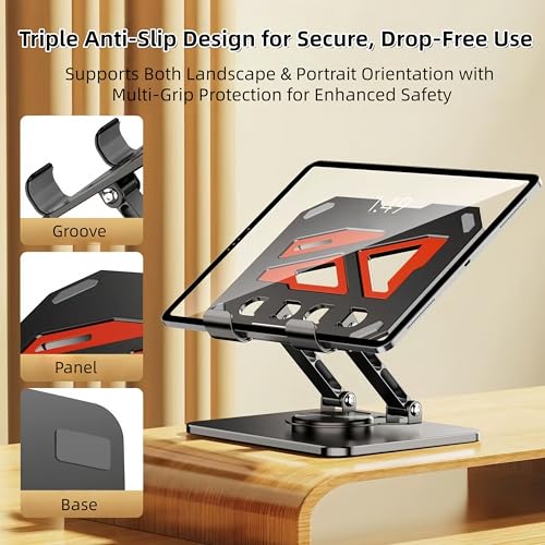 360° Rotatable & Adjustable Metal Tablet Stand for Desk, Foldable & Portable Tablet Holder, Compatible with iPad Pro/Air, iPhone, Universal Use for Office/Movie/Studying/Drawing/Gaming, Black - color: Two-Tone Stand - Black