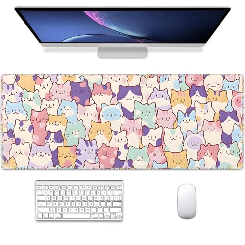 Gaming Mouse Pad XL Extended Anime Mouse Pad 31.5x11.8 inch, Large Cute Kawaii Big Computer Mouse Mat Desk Pad with Non-Slip Rubber Base and Stitched Edge for Home Office - color: Colorful Cat, size: 31.5L x 11.8W inches