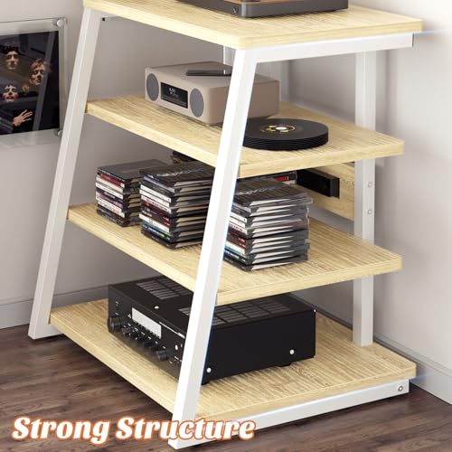 Besiost AV Media Stand with Outlets, Media Console with LED Lights, Stereo Racks and Stands with Storage Shelves, Media Audio Tower Cabinet, Natural Oak and White - color: Natural Oak and White