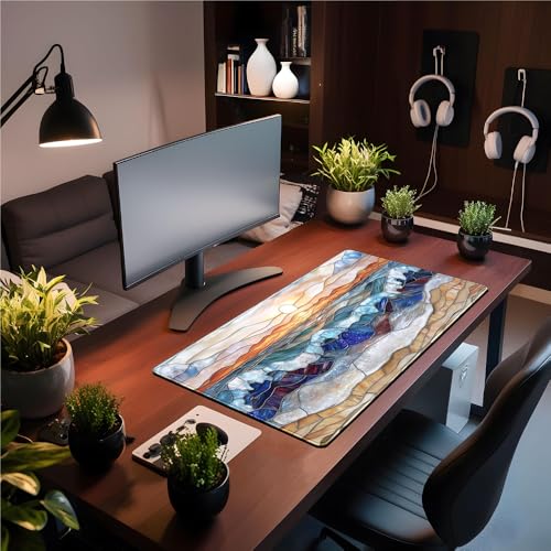 Mountain Sunrise Gaming Mouse Pad Large Desk Mat Extended Mouse and Keyboard Pad, Faux Stained Glass Nature Mousepad with Stitched Edge Mouse Desk Pad Computer Mat Soft Aesthetic Decor 31.5 X 15.7 in - color: D-enamel Beach
