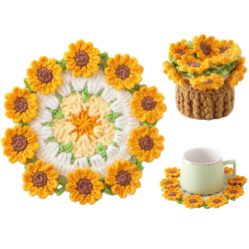 Flower Crochet Coasters, Handmade Bouquet Blanket Coaster with Crochet Plant Pot Fun Soft Decorative Drink Coasters for Coffee Tabletop Protection and Home Decor (Sunflower Yellow, 1Pc) - color: Sunflower Yellow, size: 1Pc