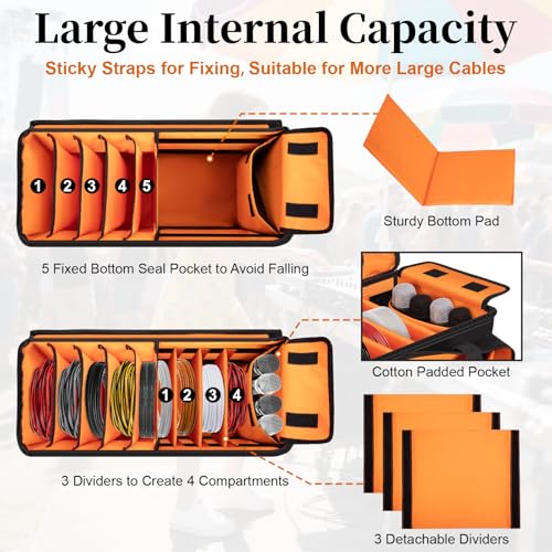 Large Dj Cable Bag with Laptop and Microphone Pocket, Dj Bag for Equipment and Music Accessories with Detachable Dividers, Bottom Pad, Dj Gig Bags for Musicians, Professional, Travel, Orange - color: Orange, style: Dj Cable Bag