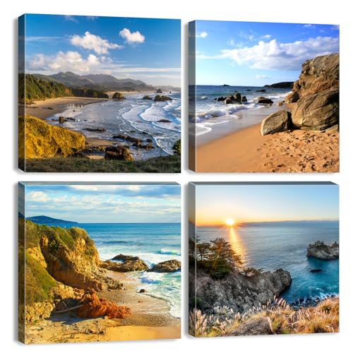Oregon Coast Wall Art Coastal Beach Scenery Pictures for Bathroom Decor Ocean Sunset Landscape Paintings Canvas Prints Living Room Nature Seascape Artwork Bedroom Office Home Decorations 12x12" 4 Pcs - color: Beach, size: 12x12in