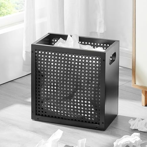 TIOPGHAD 3-Gallon Small Rattan Wicker Waste Basket Trash Can, Black | Bamboo Frame with Handles, 11.8x6.7x11.8 inches, Waterproof Coating, Ideal for Bathroom, Office and Bedroom - color: Black