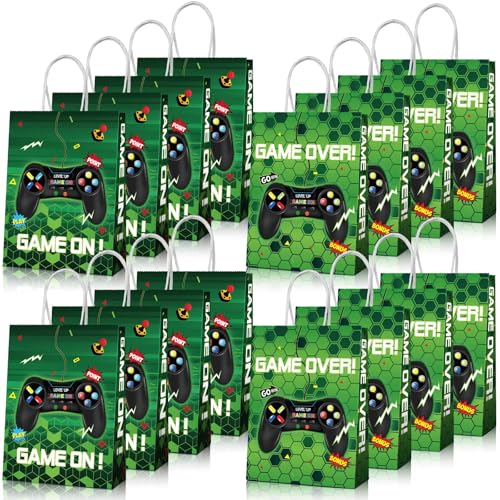 Clabby 16 Pieces Gamer Bags, Video Game Party Favor Goodie Candy Treat Gift Bags with Handle for Kids Boys Gaming Birthday Party Supplies Decorations(Green) - color: Green