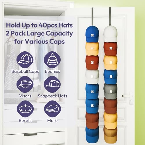 SWTYMIKI Over Door Hat Organizer - 2 Packs Metal Wall Mounted Hat Rack with 16 Hooks Design, Hanging Baseball Cap Organizer Storage Holds up to 32 Caps for Door, Bedroom, Closet - color: Black, style: Single hook