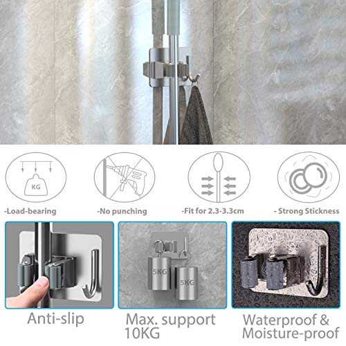 homeasy Mop Broom Holder No Drill, Mop Broom Organizer Wall Mounted Heavy Duty with Hooks Hanger, Self Adhesive Stainless Steel 6Pcs for Bathroom, Kitchen, Office (Silver) - color: Silver