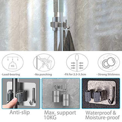 homeasy Mop Broom Holder No Drill, Mop Broom Organizer Wall Mounted Heavy Duty with Hooks Hanger, Self Adhesive Stainless Steel 6Pcs for Bathroom, Kitchen, Office (Silver) - color: Silver