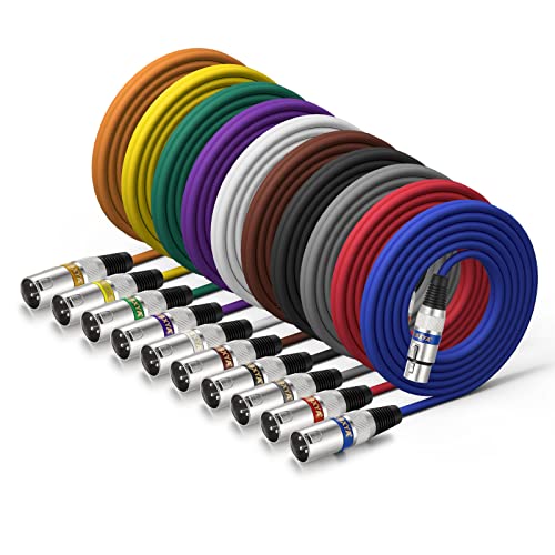 EBXYA XLR Cable 10 ft 10 Packs - Premium Balanced DMX Cable, XLR Male to Female Microphone Cable - color: 10 Colors, size: 10ft