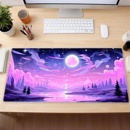 Extended Gaming Mouse Pad XL, Pink Purple Anime Desk Mat 31.5x15.7 | Aesthetic large mousepad featuring a magical purple moon and cloud design. Perfect for cute anime desk setups. - color: Pink Moon Lake
