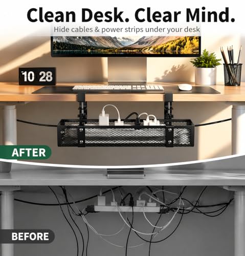 Under Desk Cable Management Tray, Metal Desk Cord Organizer, Adjustable Clamp, No Drill, Durable Desk Cable Organizer – 15.7'' - size: 15.7 inch