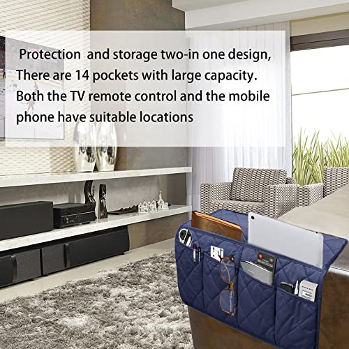 Armchair Caddy, Sofa Armrest Organizer with 14 Pockets, Waterproof Non Slip Recliner Remote Control Holder, Couch Chair Arm Storage for TV Remotes, Phone, iPad, Magazine, Books - color: Navy Blue