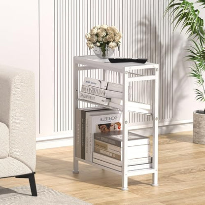 End Table Set of 2 for Small Space, 3-Tier Narrow Side Table with Magazine Holder,Small Nightstand, Skinny Snack Couch Table in Living Room, Bedroom Study and Balcony (White) - color: White-2pcs