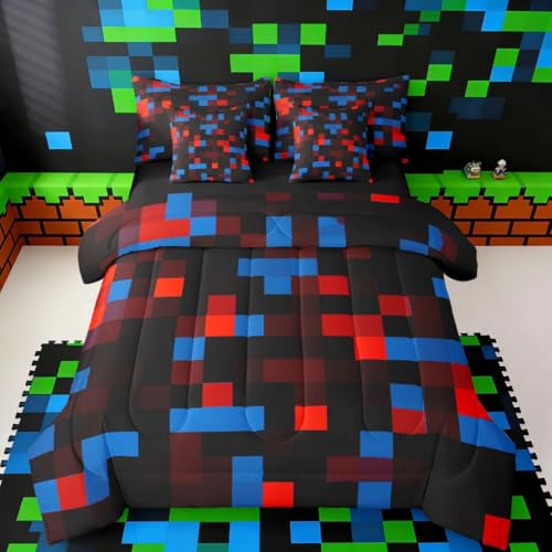 jejeloiu Pixelated Red Blue Black Queen Size Comforter Set with Sheets，Pillowcases & Cushion Cover 7 Piece Bedding Set Super Soft Kids Girls Boys Bedroom Decor Gamepad Grid Bed in a Bag - color: Red Blue Black, size: Queen