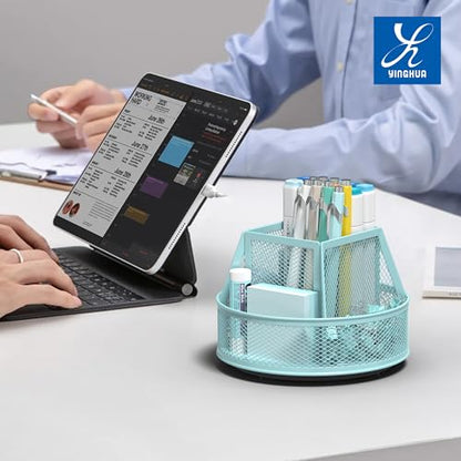 YINGHUA Metal Mesh Desk Organizer with 5 Compartments and Rotating Pencil Holder Pen and Stationery Organizer for Office Home School Anti Slip Base Blue - color: Blue