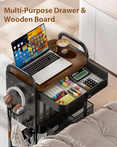 ALVOROG Rolling Cart with Drawer and Wood Table Top, 3 Tier Metal Rolling Utility Cart on Wheels with DIY Pegboards, Hanging Baskets, Hooks for Bedroom,Office,Craft Supplies (Black)