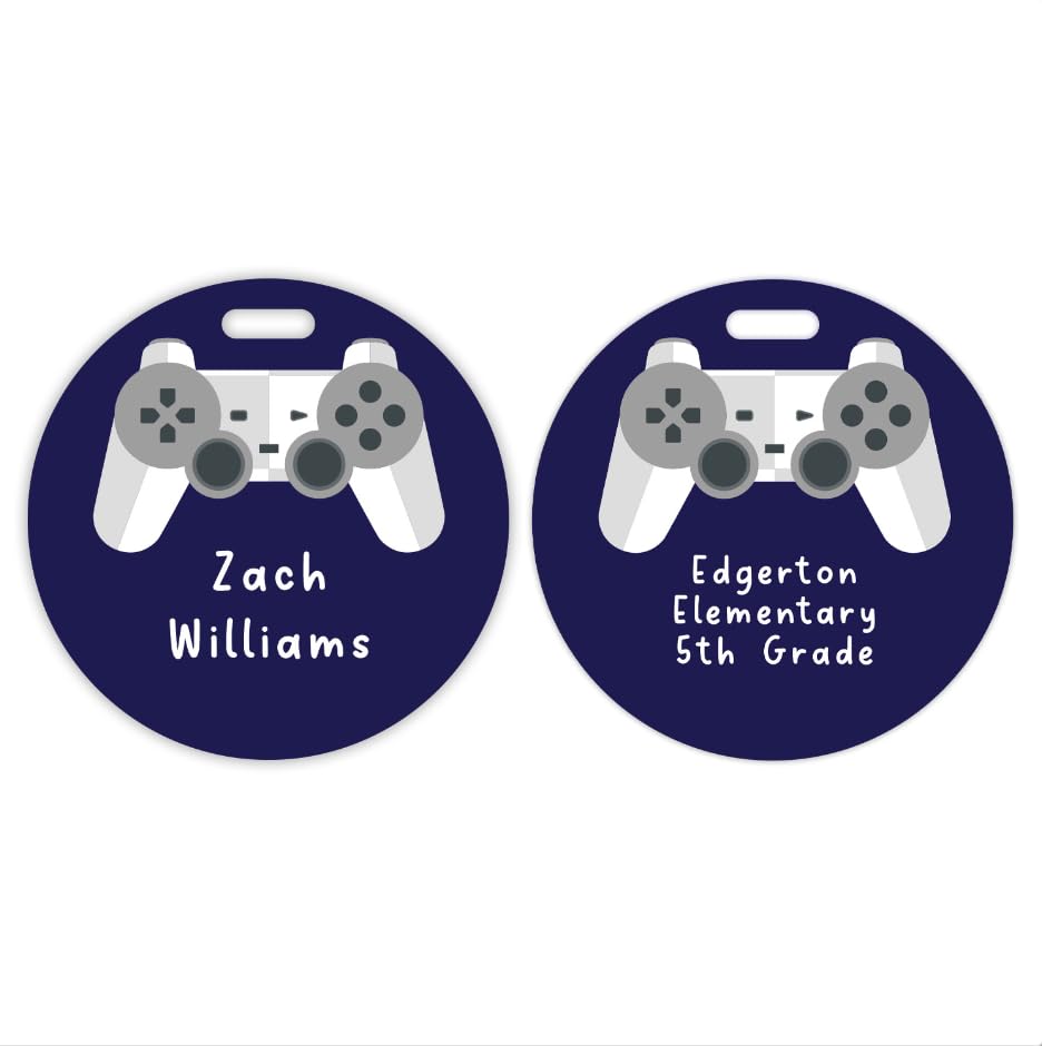 Personalized Gamer Circle Luggage Tag / 4" Round Custom Video Game Bag Tag/Double Sided Durable Plastic Luggage Tag with Plastic Strap/Made in The USA - style: Video Game