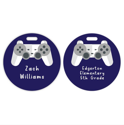 Personalized Gamer Circle Luggage Tag / 4" Round Custom Video Game Bag Tag/Double Sided Durable Plastic Luggage Tag with Plastic Strap/Made in The USA - style: Video Game