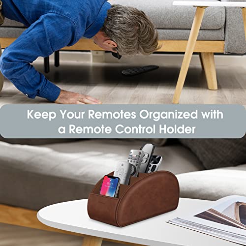 Large Remote Control Holder with 5 Compartments, KENOBEE Anti-slip Desktop Caddy Storage Organizer for Phone, Remote Controllers, Office Supplies, Makeup Brush, Media Accessories,Brown - color: Brown, size: Large