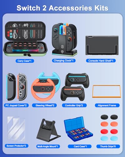Switch 2 Accessories, [Charge Inside]Case Bundle for Nintendo Switch 2 2025 Console, FYOUNG 23 IN 1 Kit:Carrying Case,Controller Charger,Protective Shell,Grip for Joycon, Steering Wheel(Green) - color: Green