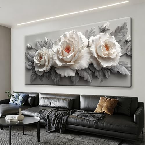 YISXINOAG Floral Wall Decor Modern Canvas Art Wall Decor White Rose Canvas Wall Art Modern Floral Painting White and Grey Pictures for Bathroom Ready to Hang Canvs Wall Decorations Size 20"X40" - color: grey white, size: 40"L x 20"W