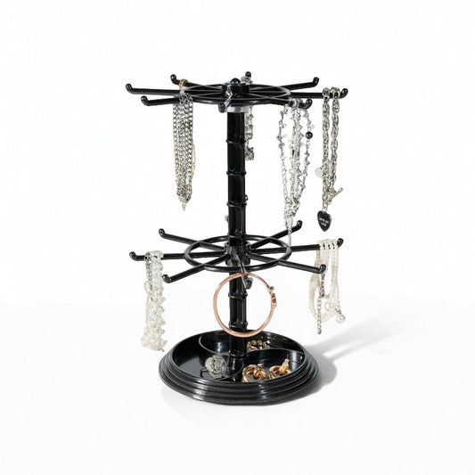 2 Tier Rotating Jewelry Display Stand, Necklace Holder, Jewelry Tree Stand, DIY Organizer for Bracelets, Necklaces, Earrings, Rings, Watches (Black) - color: Black