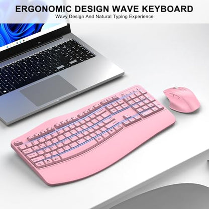 Wireless Keyboard and Mouse Combo, 2.4G Full Size Wave Keys Ergonomic Keyboard with Wrist Rest and 3-Level DPI Adjustable Wireless Ergonomic Mouse for Windows, Mac OS Desktop/Laptop/PC(Pink) - color: Pink