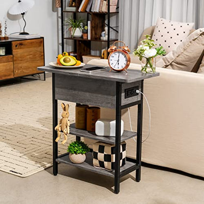 Yoobure End Table with Charging Station, Flip Top Side Table with USB Ports and Outlets, Sofa Couch Table Bedside Table for Living Room Bedroom, Narrow Nightstand with Shelves for Small Space Gray - color: Grey
