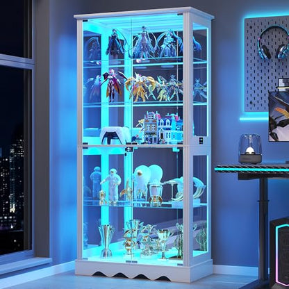 Dystler Display Cabinet with RGB LED Lights & Glass Doors, 5-Tier, White | Human Sensor Lighting, Flexible Storage with Adjustable Shelves, Modern Design Curio Cabinet - color: Pure White