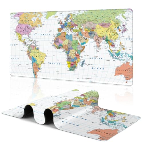World Map Desk Mat Large Mouse Pad Gaming Mousepad 31.5 x 15.8 in | Desk Pad for Keyboard and Mouse, Large Non-Slip Rubber Base Mousepad Desk Mat with Stitched Edges for Gaming Office - color: Colored Map