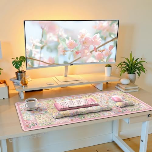 iLeadon Cute Floral Desk Mat Set, Non Slip Mouse Pad with Wrist Support, Wrist Pad for Keyboard, Desk Mat with Wrist Rest, Ergonomic Mouse Pad Set for Women Home Office (Pink) - color: Pink