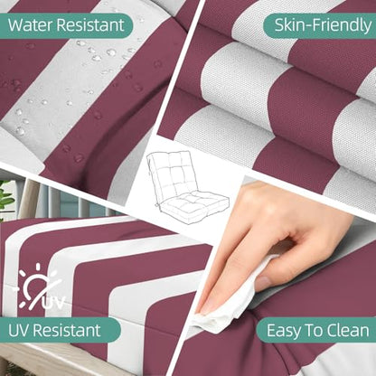 Outdoor Chair Cushions Set of 2, 42x21x4 Inch Patio Cushion for Dining/Rocking Chairs, High Back Soft Seat Pad, Indoor Outside Use, Fade-Resistant & Waterproof, Burgundy White Stripes - color: Burgundy White Stripes
