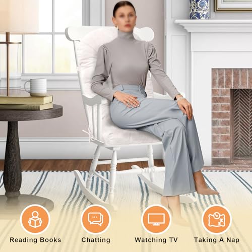 Rocking Chair Cushion - Chenille Fabric, High-Density Sponge, Durable Comfort Double-Sided Tufted Seat Pads with Ties, Chenille︱Cleanroom White, 44x19x4 inch - color: Reversible | White