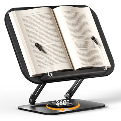 SupeDesk Book Stand for Reading, Adjustable Book Holder with 360° Rotating Bases, Foldable Designs, and Elastic Clips, Multifunctional Display Stand for Recipe, Cookbooks, Magazines, Tablets, Laptops - color: Black Wood