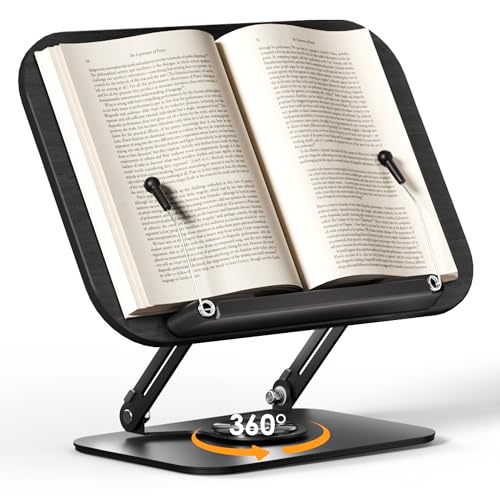 SupeDesk Book Stand for Reading, Adjustable Book Holder with 360° Rotating Bases, Foldable Designs, and Elastic Clips, Multifunctional Display Stand for Recipe, Cookbooks, Magazines, Tablets, Laptops - color: Black Wood