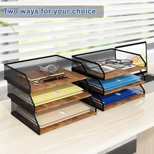 Natwind 3-Tier Stackable Metal Mesh Paper Organizer with Sliding Tray,Retro | Wooden Desk Organizer, Letter Tray For Desktop,File Holder For Home Office School Classroom Organization - size: 3 Tier