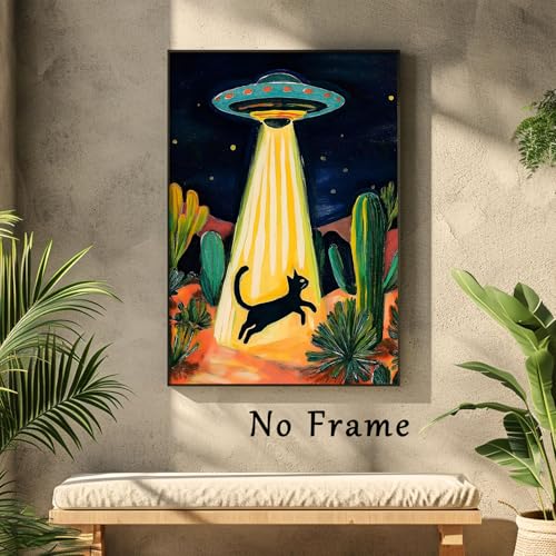 Retro Ufo Canvas Wall Art Desert Cactus Picture Ufo Poster Funny Black Cat Prints Dark Moody Landscape Painting Cat Abstract Animal Poster Alien Abduction Art Desert Landscape Artwork 16x24in No Frame - color: A2Unframed