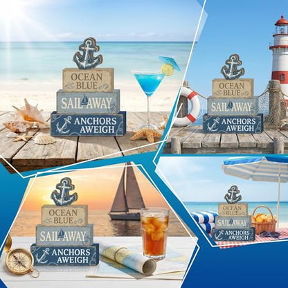 4 Pcs Nautical Anchor Bathroom Decor Summer Coastal Farmhouse Table Wooden Signs Sailing Tiered Tray Decor Ocean Table Decor Navy Blue Shelf Sitter Tabletop Home Decorations Gifts - style: Anchor
