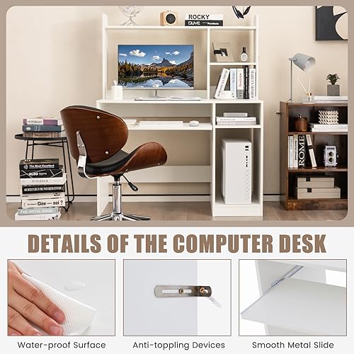 COSTWAY White Modern Large Computer Desk with Storage Shelf, Office Desk with Hutch, CPU Stand & Keyboard Tray, Home PC Desk with Bookshelf, for Bedroom, Study, Living Room