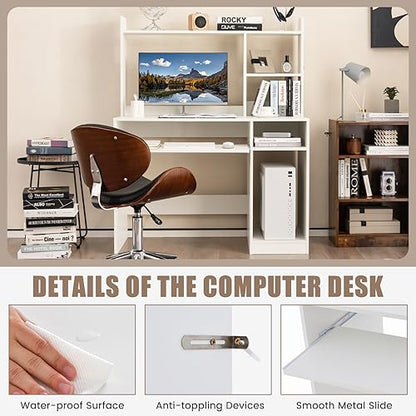 COSTWAY White Modern Large Computer Desk with Storage Shelf, Office Desk with Hutch, CPU Stand & Keyboard Tray, Home PC Desk with Bookshelf, for Bedroom, Study, Living Room