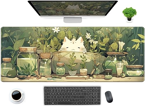 Cute Kawaii White Cat Anime Green Plant Leaves Desk Mat Large Mouse Pad Gaming Desk Pad, XL Extended Mousepad Desk Accessories for Women Office Decor Long Laptop Keyboard Mouse Mat 31.5x11.8 in - color: Beige Green Cat, size: 31.5" x 11.8"