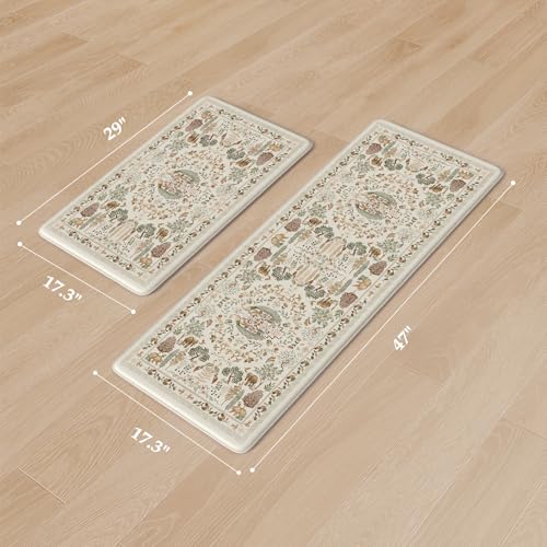KIMODE Anti Fatigue Kitchen Mats 17"x47"+17"x29", Vibrant Floral Kitchen Rugs Sets of 2, Cushioned Non Skid Kitchen Mats for Floor, Comfort Kitchen Floor Mats for Sink Laundry Desk Beige - color: Forest/Beige, size: 17.3" x 47"+17.3" x 29"--0.47 inches